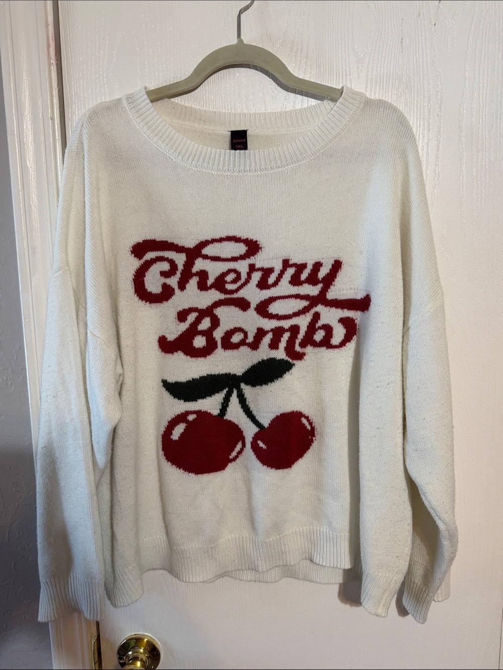 ROMWE Cream Sweater with Red Cherry Graphic